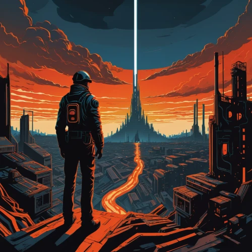 sci fiction illustration,fallout,game art,game illustration,fallout4,sci - fi,sci-fi,dystopian,cg artwork,pixel art,would a background,sci fi,futuristic landscape,wasteland,post-apocalyptic landscape,dystopia,post apocalyptic,scifi,the horizon,refinery,Illustration,American Style,American Style 02