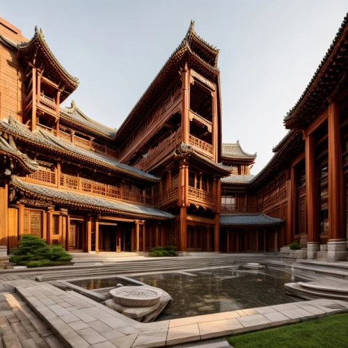 chinese architecture,asian architecture,chinese temple,hall of supreme harmony,buddha tooth relic temple,dragon palace hotel,buddhist temple,japanese architecture,chinese style,3d rendering,hwachae,wooden construction,courtyard,mandarin house,render,hanok,wooden facade,suzhou,xi'an,architecture,Architecture,Villa Residence,Chinese Traditional,Ming Dynasty