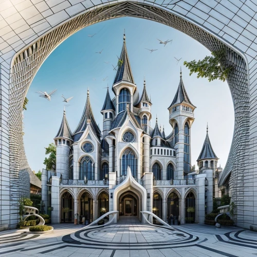 fairy tale castle,fairytale castle,gothic architecture,crown render,pointed arch,roof domes,3d fantasy,asian architecture,shanghai disney,white temple,gold castle,islamic architectural,3d rendering,fractalius,fantasy city,futuristic architecture,gothic church,disney castle,kirrarchitecture,children's fairy tale,Architecture,General,European Traditional,Lombard Gothic