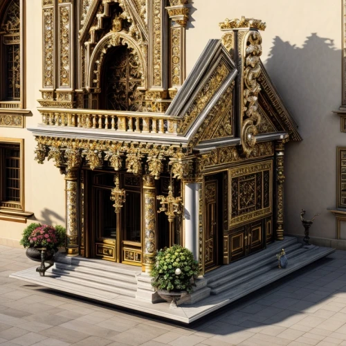 alcazar of seville,gold stucco frame,medieval architecture,europe palace,byzantine architecture,ornate,wooden facade,peles castle,3d rendering,seville,alcazar,classical architecture,exterior decoration,menger,baroque building,french building,model house,paris balcony,marble palace,asian architecture,Architecture,Commercial Building,Classic,Italian Baroque