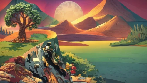 fantasy landscape,druid grove,mushroom landscape,mountain world,backgrounds,valley of the moon,mountain plateau,game illustration,mountainous landforms,an island far away landscape,guards of the canyon,the landscape of the mountains,mountain scene,old earth,travelers,swampy landscape,altiplano,cartoon video game background,art background,karst landscape,Game Scene Design,Game Scene Design,Cartoon Style