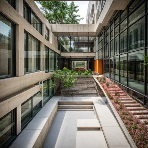 block balcony,modern architecture,courtyard,archidaily,glass facade,corten steel,kirrarchitecture,inside courtyard,appartment building,arq,daylighting,brutalist architecture,athens art school,cubic house,japanese architecture,contemporary,shenzhen vocational college,exposed concrete,house hevelius,walkway,Architecture,Campus Building,Masterpiece,Indian Modernism