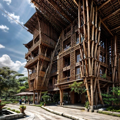tree house hotel,wooden facade,eco hotel,timber house,wooden construction,stilt house,asian architecture,wood structure,stilt houses,dragon palace hotel,hanging houses,ubud,wooden house,cube stilt houses,half-timbered,chinese architecture,benin,timber framed building,multistoreyed,multi-story structure,Architecture,Large Public Buildings,Southeast Asian Tradition,Balinese Style
