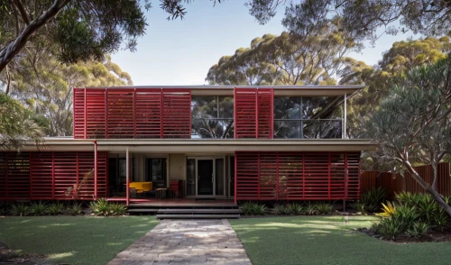 mid century house,garden design sydney,landscape design sydney,dunes house,timber house,landscape designers sydney,mid century modern,smart house,modern house,metal cladding,cube house,modern architecture,residential house,cubic house,red roof,corten steel,flock house,ruhl house,inverted cottage,gladesville