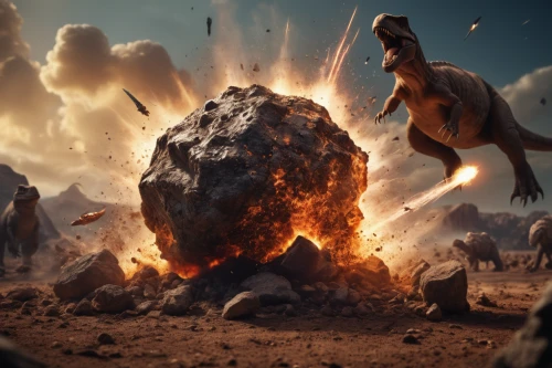 landmannahellir,prehistoric,tyrannosaurus rex,digital compositing,pillars of creation,tyrannosaurus,troodon,dinosaurs,prehistoric art,prehistory,cynorhodon,asteroid,primeval times,t rex,meteor,t-rex,trex,dino,asteroids,extinction,Photography,General,Cinematic