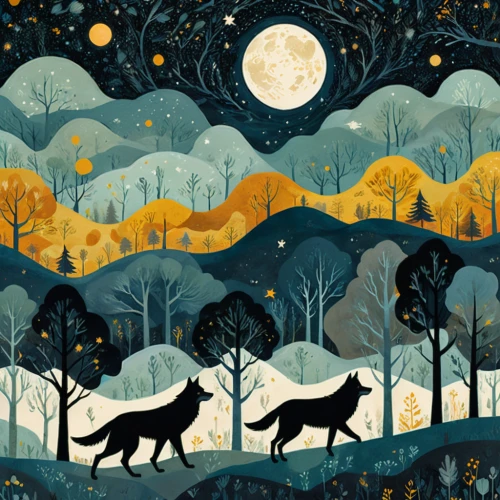 forest animals,woodland animals,deer illustration,wolves,two wolves,dog illustration,werewolves,winter animals,moonlit night,fall animals,full moon day,moons,birch forest,dog sled,whimsical animals,christmas buffalo raccoon and deer,birch tree illustration,howling wolf,black bears,hunting dogs,Illustration,Vector,Vector 08