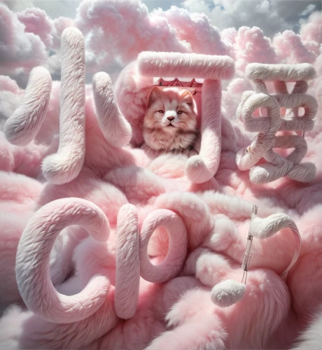 cats angora,pink cat,angora,doll cat,cotton candy,surrealistic,fluffy diary,3d fantasy,cruller,cat kawaii,catastrophe,partly cloudy,whipped cream castle,anthropomorphized animals,cloud mood,cat paw mist,selkirk rex,cumulus,fur clothing,donut illustration