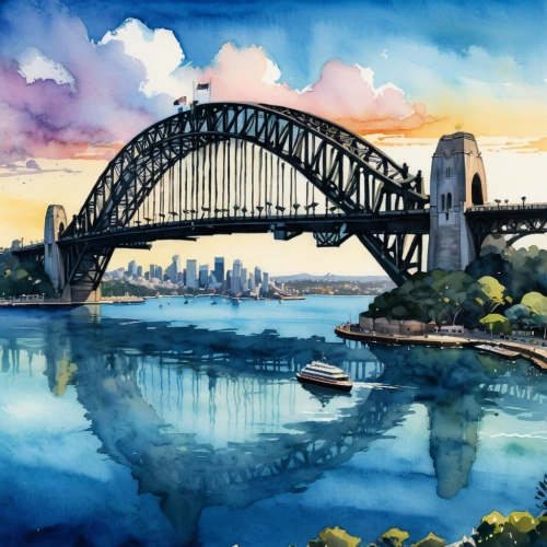 sydney harbor bridge,harbour bridge,sydney harbour bridge,sydney bridge,sydney skyline,sydney outlook,sydneyharbour,harbor bridge,sydney harbour,gladesville bridge,rainbow bridge,milsons point,sydney,sydney australia,nsw,new south wales,cantilever bridge,view over sydney,australia aud,north sydney,Illustration,Paper based,Paper Based 07