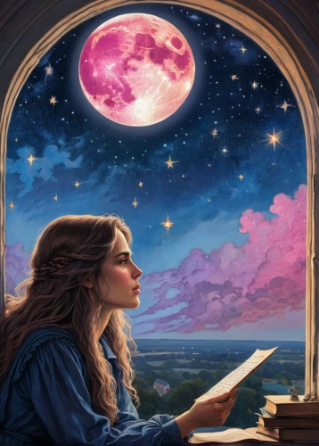 sci fiction illustration,fantasy picture,astronomer,girl studying,moon and star background,the moon and the stars,fantasy portrait,fantasy art,astronomy,world digital painting,fairytales,blue moon rose,magic book,herfstanemoon,women's novels,mystical portrait of a girl,the night sky,moonlit night,stars and moon,purple moon,Illustration,Retro,Retro 01
