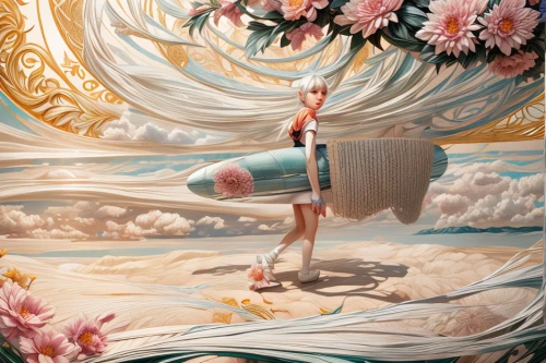 falling flowers,suitcase,surrealism,meticulous painting,surrealistic,baggage,flying girl,magnolia,weightless,carousel,float,artistic roller skating,luggage,imagination,hatsune miku,world digital painting,travelers,mermaid background,whimsical,passenger