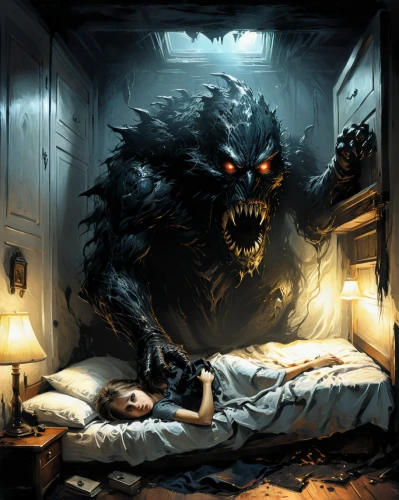werewolves,bad dream,werewolf,phobia,nightmare,insomnia,sleep thorn,man-eater,krampus,nightstand,dark art,alarm clock,sleeping room,bogeyman,bedtime,predation,sci fiction illustration,game illustration,wolfman,daemon,Conceptual Art,Fantasy,Fantasy 12