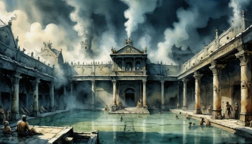 roman bath,ancient rome,rome 2,the ancient world,ancient city,eternal city,thermae,ancient roman architecture,thermal bath,roman ancient,roman history,trajan's forum,colloseum,herculaneum,ancient buildings,classical antiquity,bath,pantheon,hispania rome,antiquity,Illustration,Realistic Fantasy,Realistic Fantasy 06