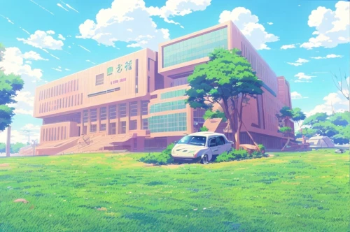 studio ghibli,sakura background,baseball field,block of grass,cube background,aesthetic,scenery,baseball park,soccer field,blooming field,euphonium,3d background,suburb,idyllic,japanese sakura background,heavy object,school design,baseball stadium,summer day,environment,Common,Common,Japanese Manga