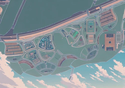 yas marina circuit,panoramical,aerial landscape,space port,race track,racetrack,artificial island,suburbs,bird's-eye view,airspace,cargo port,airport apron,inland port,helipad,overhead view,citadel hill,transport hub,circuit,skyland,raceway,Common,Common,Japanese Manga