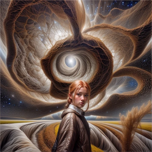 time spiral,fantasy portrait,sci fiction illustration,fantasy art,mystical portrait of a girl,astral traveler,fractals art,surrealism,little girl in wind,spiral,spiral background,world digital painting,fantasy picture,psychedelic art,swirling,astronomer,heliosphere,fibonacci spiral,spiralling,spirals