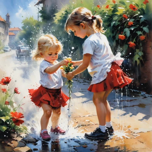 little girls,little girls walking,girl and boy outdoor,oil painting on canvas,oil painting,little boy and girl,childs,children girls,little angels,art painting,water balloons,flower painting,spray roses,girl washes the car,school children,children drawing,children,children play,watering,soap bubbles