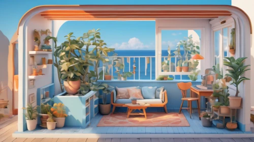 cabana,tropical house,sky apartment,houseboat,blue room,beach hut,an apartment,livingroom,shared apartment,garden shed,beach house,breakfast room,kids room,house plants,balcony garden,apartment,conservatory,bedroom window,cabin,living room