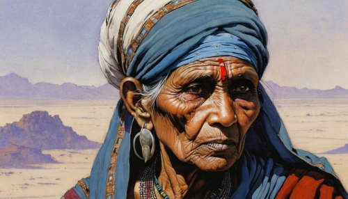 nomadic people,indian woman,bedouin,american indian,afar tribe,the american indian,old woman,aborigine,indian art,hoggar,ancient people,indian headdress,shamanism,grandmother,tribal chief,old age,native american,amerindien,indian,sadu,Illustration,Realistic Fantasy,Realistic Fantasy 06