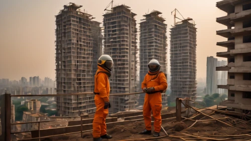 construction workers,dystopian,high-rises,jumpsuit,roofers,builders,urban towers,high rises,kowloon city,rust-orange,urbanization,post apocalyptic,construction site,orange robes,high-rise,rescue workers,dystopia,building construction,coveralls,skyscrapers