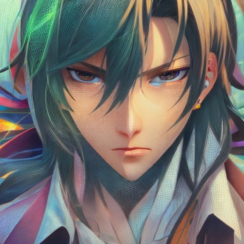 ren,wiz,leo,luka,merlin,violet evergarden,alexander,persona,portrait background,scroll wallpaper,magi,joseph,aqua,rainbow background,lechona,green eyes,male character,hatsune miku,quetzal,howl,Common,Common,Cartoon