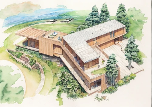 house drawing,eco-construction,timber house,mid century house,log home,archidaily,dunes house,wooden house,architect plan,house in mountains,eco hotel,house in the mountains,landscape plan,chalet,frame house,clay house,wooden construction,the cabin in the mountains,modern house,mid century modern,Landscape,Landscape design,Landscape Plan,Watercolor