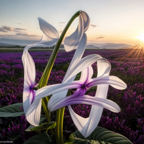 easter lilies,flower in sunset,siberian fawn lily,lilies of the valley,white lily,the purple-and-white,spider flower,india hyacinth,lilies,bellflowers,balloon flower,madonna lily,grape-grass lily,lily flower,lilium candidum,lilly of the valley,hymenocallis,guernsey lily,white with purple,tulipan violet,Realistic,Flower,Morning Glory