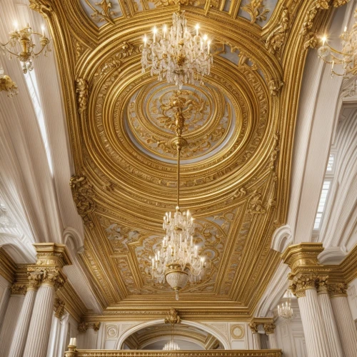 the ceiling,ceiling,stucco ceiling,royal interior,ballroom,ceiling construction,neoclassical,ceiling fixture,classical architecture,ornate room,ceiling lighting,mouldings,vaulted ceiling,corinthian order,entrance hall,ceiling light,gold stucco frame,hall roof,marble palace,gold ornaments,Interior Design,Living room,Classical,French Provincial Charm