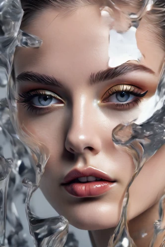 plastic wrap,aluminium foil,image manipulation,artificial hair integrations,photoshoot with water,water splash,water splashes,women's cosmetics,fluid flow,water flow,eyelash extensions,beauty face skin,water flowing,surface tension,aluminum foil,splash photography,water dripping,reflections in water,flowing water,natural cosmetic