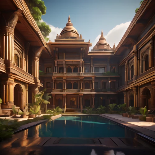 asian architecture,riad,mansion,beautiful buildings,water palace,luxury property,courtyard,render,3d render,ancient house,3d rendered,build by mirza golam pir,jewelry（architecture）,pool house,manor,dragon palace hotel,ancient city,luxury hotel,development concept,3d rendering