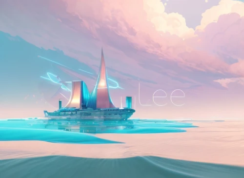 the endless sea,ice planet,floating island,futuristic landscape,cube sea,sea fantasy,floating islands,fantasy landscape,icebergs,ocean,sea,waterscape,ice landscape,sea-lavender,exploration of the sea,ocean background,dune sea,voyage,sea landscape,boat landscape,Calligraphy,Illustration,Scene Illustration