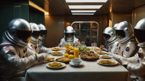 diner,fine dining restaurant,astronauts,dining,dinner party,breakfast on board of the iron,lost in space,spacesuit,family dinner,passengers,fine dining,breakfast buffet,breakfast table,spacefill,space voyage,space suit,space tourism,breakfast hotel,district 9,chef's uniform