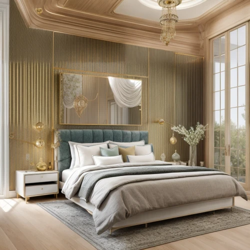 luxury home interior,bedroom,gold stucco frame,great room,canopy bed,ornate room,neoclassical,danish room,guest room,sleeping room,modern room,interior decoration,luxurious,contemporary decor,neoclassic,3d rendering,bedding,bed linen,window treatment,soft furniture,Interior Design,Bedroom,Transition,Mediterranean Ocean