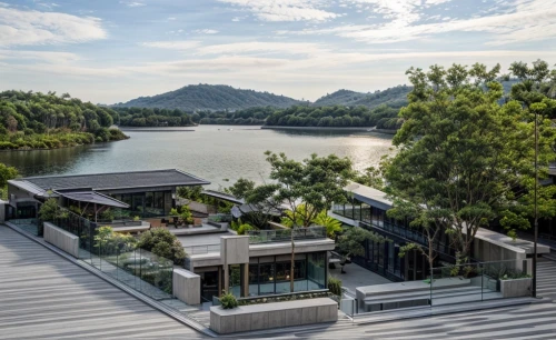 danyang eight scenic,daecheong lake,house by the water,eco hotel,wooden decking,vietnam,holiday villa,southeast asia,lake view,phuket province,mekong,vietnam vnd,west lake,house with lake,boathouse,guizhou,houseboat,boat dock,floating restaurant,boat house,Architecture,Commercial Building,Modern,Garden Modern