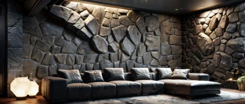 rock walls,stone wall,little man cave,interior design,fire place,interior decoration,chaise lounge,contemporary decor,home cinema,fireplace,carved wall,wall decoration,great room,fireplaces,modern decor,interior modern design,interior decor,stucco wall,wall decor,wall plaster
