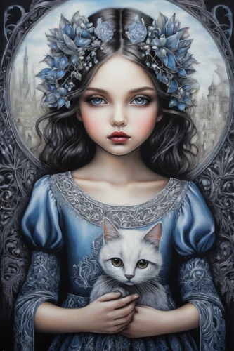 the snow queen,white rose snow queen,mystical portrait of a girl,moonflower,fantasy art,fantasy portrait,eglantine,gothic portrait,fairy tale character,faery,blue moon rose,suit of the snow maiden,fairy queen,the enchantress,faerie,blue enchantress,alice,holly blue,mirror of souls,silvery blue,Illustration,Abstract Fantasy,Abstract Fantasy 14