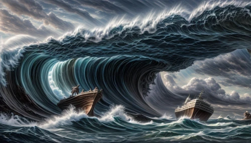 god of the sea,big wave,sea storm,maelstrom,noah's ark,sea fantasy,tidal wave,bow wave,trireme,the storm of the invasion,rogue wave,poseidon,world digital painting,big waves,japanese waves,the wind from the sea,longship,viking ship,moses,viking ships