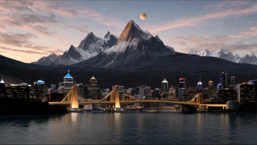 baffin island,zermatt,chile,digital compositing,fantasy city,ushuaia,newzealand nzd,metropolis,marvel of peru,mountain world,harbour city,patagonia,city skyline,wonder woman city,giant mountains,concept art,nz,futuristic landscape,city cities,skyline