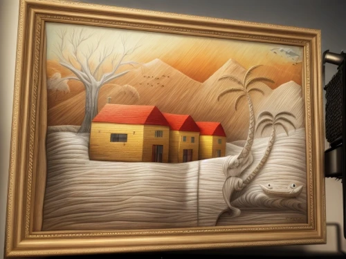 grant wood,home landscape,gold stucco frame,wooden frame,sand art,wood frame,stucco frame,wooden houses,holding a frame,meticulous painting,miniature house,house painting,decorative frame,framing square,surrealism,wooden house,frame illustration,post impressionism,khokhloma painting,crooked house,Common,Common,Natural