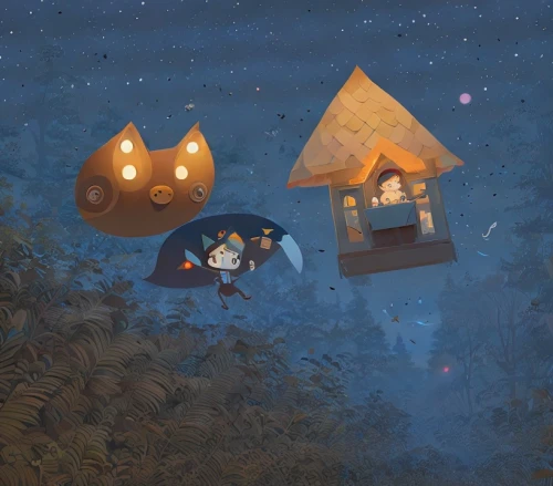 floating huts,autumn camper,night scene,campsite,my neighbor totoro,mid-autumn festival,campers,glamping,camping,campfires,camping tents,lampion,stargazing,shelter,travelers,small camper,villagers,dream world,children studying,studio ghibli,Game&Anime,Doodle,Fairy Tale Illustrations