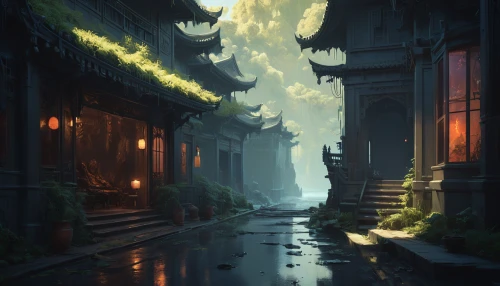 alleyway,ancient city,old linden alley,narrow street,alley,rainstorm,rainy,evening atmosphere,lanterns,world digital painting,fantasy landscape,lostplace,lost place,puddle,after rain,monsoon,ancient,atmospheric,rainy season,threshold,Conceptual Art,Fantasy,Fantasy 01