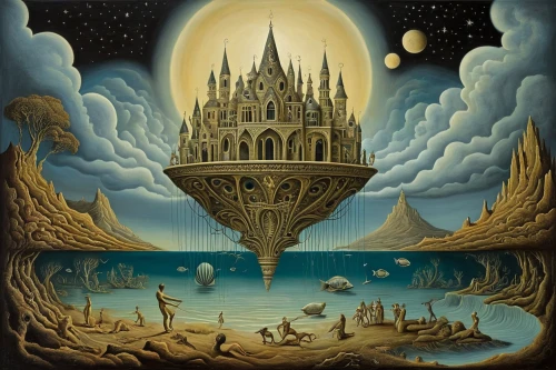 fantasy art,surrealism,fantasy picture,3d fantasy,mushroom landscape,fantasy city,tower of babel,gold castle,cd cover,surrealistic,fantasy world,fantasy landscape,sea fantasy,mirror of souls,medieval hourglass,burning man,sandcastle,fountain of the moor,mysticism,alchemy,Illustration,Realistic Fantasy,Realistic Fantasy 40