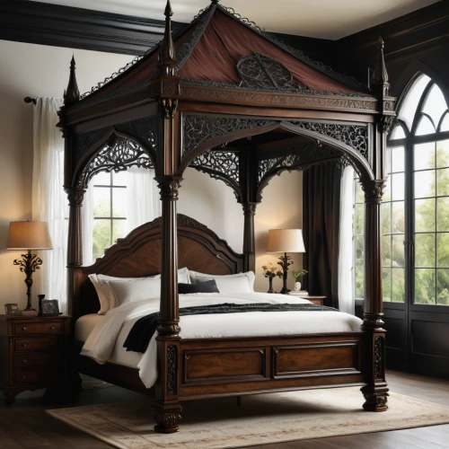 canopy bed,four-poster,four poster,bed frame,ornate room,art nouveau design,antique furniture,room divider,bed,chiffonier,wrought iron,bedding,bedroom,infant bed,grandfather clock,armoire,sleeping room,art nouveau,bunk bed,nightstand,Photography,General,Natural