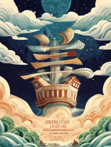 turtle ship,carousel,temples,studio ghibli,capsule-diet pill,zeppelin,airship,cd cover,sea fantasy,travel poster,caravel,baron munchausen,planetarium,flying saucer,house of the sea,ocean liner,brauseufo,paddlewheel,airships,gobelin,Calligraphy,Illustration,Beautiful Fantasy Illustration