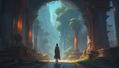 wander,the mystical path,threshold,wanderer,exploration,the path,hall of the fallen,lost place,gateway,ruins,pathway,heaven gate,the wanderer,fantasy landscape,chasm,passage,world digital painting,pilgrimage,light bearer,towards the garden,Conceptual Art,Fantasy,Fantasy 01