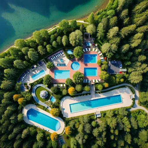 holiday villa,pool house,artificial island,luxury property,artificial islands,water castle,flying island,house with lake,tropical house,seaside resort,floating island,island suspended,tropical island,bird's-eye view,mansion,resort,golf resort,popeye village,from above,villa,Photography,General,Natural
