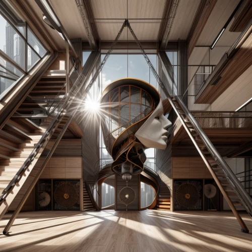 winding staircase,spiral staircase,loft,loudspeakers,circular staircase,spiral stairs,horn loudspeaker,digital bi-amp powered loudspeaker,steel stairs,music conservatory,staircase,music store,loudspeaker,sound space,musical dome,stairwell,wooden stairs,public address system,daylighting,audiophile