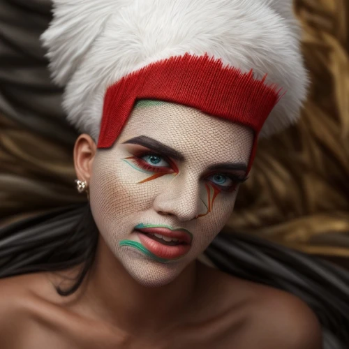 fantasy portrait,digital painting,christmas woman,world digital painting,pierrot,cruella,queen of hearts,christmas elf,retouch,frida,woman portrait,digital art,retouching,cruella de ville,white feather,cleopatra,santa hat,digital artwork,red skin,hand digital painting,Common,Common,Fashion