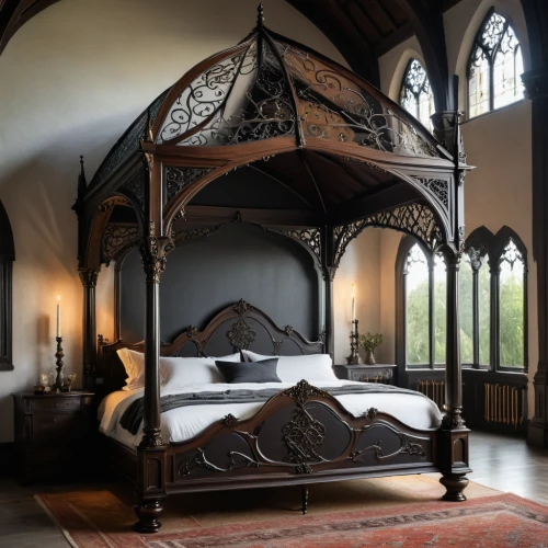 canopy bed,four-poster,four poster,dracula's birthplace,knight pulpit,bed frame,ornate room,bed,maulbronn monastery,knight tent,art nouveau design,stave church,gothic style,bedroom,medieval architecture,wayside chapel,bedding,infant bed,trerice in cornwall,elizabethan manor house,Photography,General,Natural