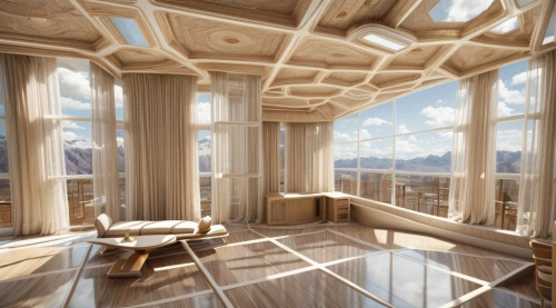 penthouse apartment,3d rendering,sky apartment,daylighting,sky space concept,wooden windows,skyscapers,luxury home interior,futuristic architecture,ceiling construction,marble palace,breakfast room,interior design,wooden construction,wooden beams,eco-construction,interior modern design,roof landscape,cubic house,luxury real estate