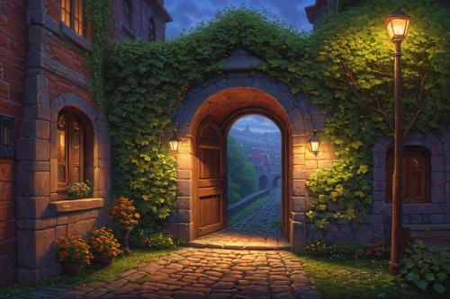 medieval street,the threshold of the house,old linden alley,archway,alleyway,narrow street,backgrounds,threshold,fantasy landscape,evening atmosphere,alley,dusk background,cobblestone,gateway,night scene,knight village,cartoon video game background,pointed arch,medieval town,dandelion hall,Illustration,Realistic Fantasy,Realistic Fantasy 27